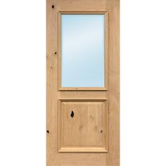 a wooden door with a glass window on the top and bottom panel, in front of a white background