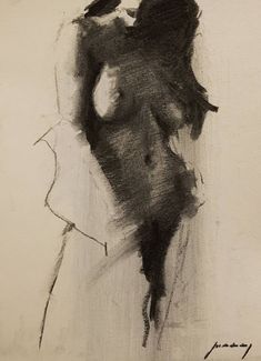 a black and white drawing of a nude woman with her arms around her body,