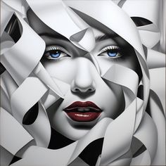 a painting of a woman with blue eyes and white paper covering her face is shown