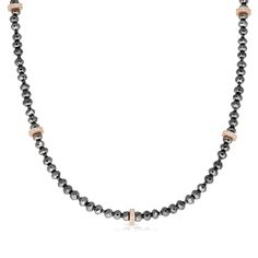 Sparkle daily with our elegant yet casual black antique round shaped diamond style necklace. This necklace features 40.54 carats of polished black diamonds cut to perfection with shimmer all along the chain as well as five rose gold white diamond pave lined handmade beads that ad a beautiful sparkling detail to the design. The necklace secures together in a rose gold white diamond pave-lined unique fish lock clasp. Impress your friends and family from up close and afar this necklace will always Elegant Rose Gold Jewelry With Black Diamonds, Elegant Rose Gold Jewelry With Gemstone Beads, Elegant Rose Gold Necklaces With Gemstone Beads, Elegant Rose Gold Jewelry With Faceted Beads, Elegant Rose Gold Necklace With Faceted Beads, Elegant Rose Gold Necklaces With Faceted Beads, Luxury Rondelle Faceted Bead Necklace, Faceted Rose Gold Round Beads Jewelry, Rose Gold Jewelry With Faceted Round Beads