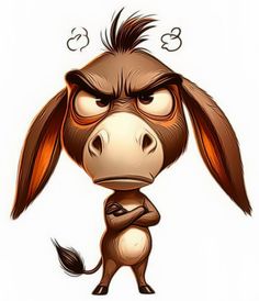 a cartoon donkey with an angry look on it's face and ears, standing in front of a white background