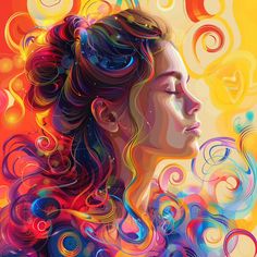 a painting of a woman's face with colorful swirls around her and the sun in the background