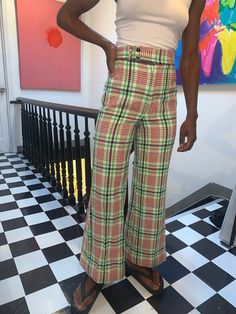 "Size Flat: (best fits XS) Waist: 12\" Hips: 15\" Inseam: 28\" Leg Opening: 11\" Made in USA Brand: Garland Tag: 7/8 Dry Clean Only MESSAGE ME WITH ANY QUESTIONS!! XOXO" Trendy Non-stretch Plaid Bottoms, Retro High Rise Pants For Summer, Retro High Rise Stretch Bottoms, Retro High-rise Stretch Bottoms, Trendy Plaid Wide Leg Bottoms, Retro High Rise Stretch Pants, Plaid Straight Leg Pants For Spring, Retro Stretch High Rise Pants, Retro High-rise Stretch Pants