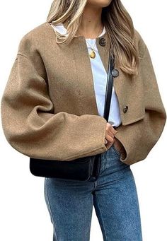 Women Cropped Wool-Like Pea Coat Short Jacket Peacoat Long Sleeve Button Down Cropped Shacket, Peacoat Womens, Vintage Racing Jacket, Brown Clothing, Cropped Trench Coat, Short Coats Women, Y2k Cardigan, Ladies Short Jackets, Pea Coats Women