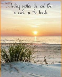 the sun is setting over the ocean with grass in the foreground and sand on the beach