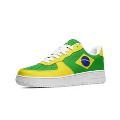 Extremely comfortable custom leather Brazil sneakers with design on both sides, Brazil flag green with yellow accents, and Brazil text on the tongues - Perfect shoes to match your jersey on gameday. These are awesome for any Brazil soccer fan! .: Made of leather .: Great quality! .: 3-13.5 US sizes .: Non-marking rubber outsole for traction and durability .: Perforated toe box provides breathability. .: Comfort and impact protection. I Can Ship Worldwide! ** Please allow 1-3 weeks for delivery Yellow Basketball Shoes For Sports With Round Toe, Sporty Custom Sneakers With Rubber Sole For Sports Events, Yellow Basketball Shoes With Round Toe, Yellow Round Toe Basketball Shoes For Sports Events, Yellow High-top Sneakers For Sports Events, Custom High-top Sneakers With Rubber Sole For Sports, High-top Custom Sneakers With Rubber Sole For Sports Events, Custom Casual Sneakers For Sports Events, Custom Lace-up Sneakers For Sports With Rubber Sole