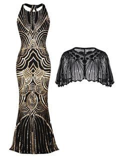 2PCS Backless 1920s Dress & Black Cape – Retro Stage - Chic Vintage Dresses and Accessories Roaring 20s Inspired Prom Dresses, Luxury Flapper Dress For Party Season, Dresses Roaring 20s, Luxury Black Flapper Dress For Cocktail, Gatsby Party Dress Winter, Great Gatsby Dresses Wedding, 1920s Quinceanera Dress, Luxury Silk Gatsby Style Dress, 1920s Bridesmaid Dresses Black