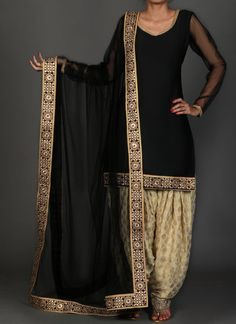 Black and Golden Brocade Punjabi Suit Punjabi Suit Color Combinations, Suit Color Combinations, Brocade Salwar, Velvet Suit Design, Patiala Salwar Suits, Suit Styles, Punjabi Fashion, Kameez Designs