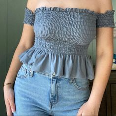 The Cutest Blue Ruffled Crop Top, Super Flattering -Purchased New For $40 -Stretchy Material *Inside Tags Cut Out * Never Worn Except To Try On Casual Off-shoulder Smocked Top, Fitted Off-shoulder Casual Smocked Top, Fitted Off-shoulder Smocked Casual Top, Casual Fitted Smock Tops, Blue Cropped Top With Smocked Bodice, Blue Cropped Tops With Smocked Bodice, Light Blue Fitted Smocked Top For Spring, Fitted Light Blue Smocked Top For Spring, Trendy Blue Smocked Top With Ruffles