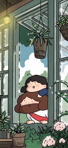 an animated image of a woman holding a baby in front of a window with potted plants