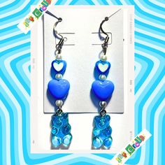 Handmade, one-of-a-kind, lightweight & nickel free! 2 inches in length.  Blue gummy bear charms with plastic hearts. Earrings for the unusual. Gummy Bear Charms, Jelly Bear, Gummy Bear Earrings, Jelly Bears, Hearts Earrings, Original Necklace, Bear Earrings, Earring Making, Earrings Diy