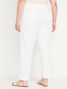 comfort elastic waistband on-seam pockets back patch pockets pull-on style sits at belly button straight thigh and leg 27" regular inseam 25" petite inseam 30" tall inseam models are approx.  5'9" and wear sizes s (4), l (12) and xl (18) White Straight Leg Leisure Pants, White Straight Leg Bottoms With Pull-on Style, Versatile White Full-length Pants, Straight-leg Linen Pants With Five Pockets, Non-stretch Linen Straight Leg Bottoms, Lily White, White Lilies, Back Patch, Straight Pants