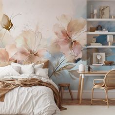 a bedroom decorated in pastel tones with flowers painted on the wall and bedding