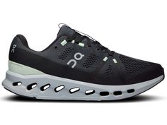 A reinvention of the cushioned daily trainer, the On Cloud Surfer offers a lightweight and cushioned ride with computer-optimized CloudTecÂ® Phase midsole technology. Black Trail Running Shoes With Arch Support, Modern Running Shoes With Gel Cushioning, Black Sneakers With Arch Support For Trail Running, Black Trail Running Sneakers With Arch Support, Modern Running Sneakers With Gel Cushioning, Functional Black Trail Running Shoes With Gel Cushioning, Black Athleisure Walking Shoes With Gel Cushioning, Functional Black Walking Shoes With Gel Cushioning, Ergonomic Black Sneakers With Gel Cushioning