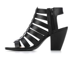 Synthetic strap upper with cage design, Easy zip-up side closure, Open round toe, Approx. 3 1/4 inch heel height, Smooth synthetic lined insole, Durable rubber outsole, Y-Not™ branding details | Women's Y-Not Lila Dress Sandals in Black Smooth Size 9.5 Strappy Sandals With Stacked Heel For Summer, Spring Evening Wedge Sandals With Stacked Heel, Black Sandals For Spring Day Out, Spring Sandals With Stacked Heel For Day Out, Stacked Heel Sandals For Spring Day Out, Strappy Evening Sandals For Spring, Strappy Wedge Sandals For Spring Parties, Spring Strappy Heels For Day Out, Black Heels For Spring Day Out