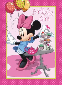 a minnie mouse birthday card with cupcakes and balloons in the air, on a pink background