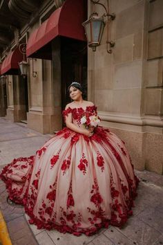 Details: Silhouette: Ball Gown Style Fabric: Tulle Fabric Color: Red Color Length: Chapel Train Neckline: Off the Shoulder Neck Sleeves: Sleeveless Back: Corset Back Embellishment: Appliqued Red Floral Quince Dress, Queincearra Dresses Red, Red And Cream Quince Dress, Red White Quinceanera Dresses, Red And Champagne Quinceanera Dress, Queen Of Hearts Quinceanera Dress, Red And Pink Quinceanera Dresses, Quince Dresses Red And White, Light Red Quinceanera Dresses