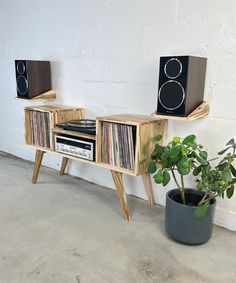 two record players and a plant in front of a white wall