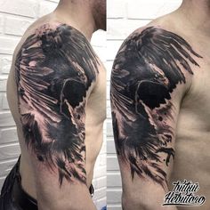 a man with a black and grey eagle tattoo on his left arm, half sleeve