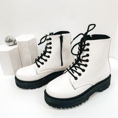 Born to be Wild Combat Boots in White - Giddy Up Glamour Boutique Running Boots, White Combat Boots, Born To Be Wild, Giddy Up Glamour, Lace Up Combat Boots, Grunge Look, Dr. Martens Boots, Pull Tab, Dr. Martens