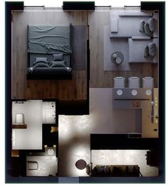 an overhead view of a living room, bedroom and bathroom in one floor plan with furniture on the other