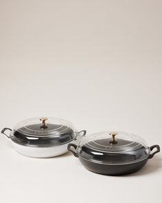 Set of two Staub cast iron braisers at Farmhouse Pottery Staub Cookware Crate And Barrel, Staub Cast Iron, Staub White Truffle, Staub Mini Cocotte, Cast Iron Braiser, Cast Iron Enamel Cookware, Baker Gifts, Cast Iron Oven, Brass Knob