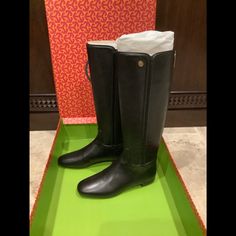 Material: Leather Color: Black Condition: Unworn, In Original Box With Tags Elegant Black Riding Boots, Tory Burch Riding Boots, Lace Up Wedge Boots, Brown Leather Riding Boots, Tory Burch Boots, Black Leather Riding Boots, Black High Heel Boots, Equestrian Boots, Black Riding Boots