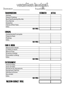 the vacation budget worksheet is shown in black and white, with text on it