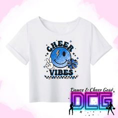 This super cute and trendy Cheer cropped tshirt is the perfect gift for your favorite cheerleader, cheer friend, cheer mom or cheer teacher and cheer coach! This cropped tshirt is soft 100% polyester and runs true to size. We offer this tshirt in (White), please see listing links below. The Shirt is pressed with a high quality Direct-To-Film Transfer. Colors may appear slightly different in person due to computer lighting. These transfers are heat pressed and all designs are hand placed, so posi Graphic Tee T-shirt For Cheerleading, Blue School Spirit Tops For Cheerleading, Blue Tops For Cheerleading With School Spirit Style, Blue Graphic Print Top For Cheerleading, Blue Short Sleeve Top For Cheerleading, Summer Cheerleading Tops With School Spirit Style, School Spirit Tops For Summer Cheerleading, Summer School Spirit Tops For Cheerleading, Sports Crop Top With Letter Print And Short Sleeves