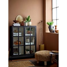 a living room filled with lots of furniture and plants on top of glass shelves in front of a window