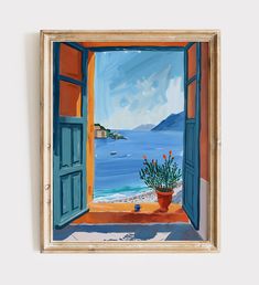 an open window with a potted plant in front of it and the ocean outside