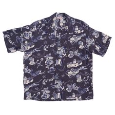 Rock 'n' Roll Shirt "Biribi" - Navy | Mister Freedom® Vintage Short Sleeve Top With All Over Print, Patterned Camp Collar Shirt With Print, Patterned Printed Camp Collar Shirt, Retro Beach Shirt With All Over Print, Casual Hawaiian Shirt With Retro Print And Camp Collar, Retro Printed Shirt With Camp Collar, Patterned Camp Collar Shirt With All Over Print, Retro Printed Camp Shirt With Relaxed Fit, Retro Printed Relaxed Fit Camp Shirt