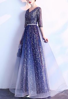 Blue Glitter Formal Gown With Fitted Sleeves (Stunning) Glitter Formal Dress, Red Evening Gown, Fitted Sleeves, Elegant Ladies, Formal Gown, Evening Gowns Formal, Blue Glitter, Formal Gowns, Elegant Woman