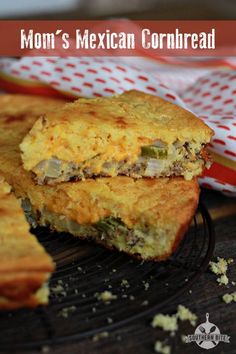 a close up of food on a plate with text overlay that reads mom's mexican cornbread