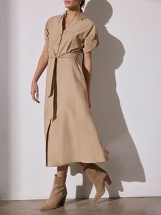 Brochu Walker | Women's Fia Belted Dress in Sahara Classic V-neck Shirt Dress For Work, Short Sleeve Maxi Dress With Button Closure, Elegant Shirt Dress With Rolled Sleeves For Spring, Chic Short Sleeve Shirt Dress With Button Closure, Elegant Button-up Shirt Dress With Rolled Sleeves, Workwear Maxi Dress With Button Closure And Short Sleeves, Belted Maxi Dress For Summer Workwear, Workwear Maxi Dress With Short Sleeves And Button Closure, Casual Short Sleeve Maxi Dress With Button Closure