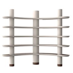 a white shelf with three shelves on each side and two wooden posts in the middle