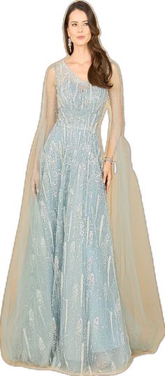 Luxury Blue Gown For Banquet, Luxury A-line Dress For Banquet, Light Blue Evening Gown For Prom, Light Blue Evening Dress With Sweep Train, Light Blue Ball Gown With Fitted Bodice For Evening, Glamorous Light Blue Evening Dress For Gala, Light Blue Fitted Bodice Ball Gown For Evening, Light Blue Dress For Gala Prom Season, Luxury Blue Dress With Sweep Train