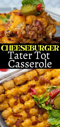 cheeseburger tater tot casserole with lettuce on top