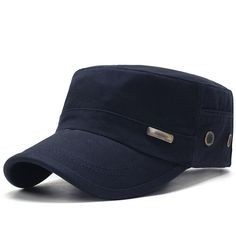 Classic Casual Adjustable Flat Top Army Military Cap-Hats-Innovato Design-Blue-Innovato Design Outdoor Cotton Trucker Hat With Visor, Cotton Trucker Hat With Visor For Outdoor, Breathable Cotton Trucker Hat For Outdoor, Breathable Cotton Cap, Casual Navy Flat Cap, Navy Casual Flat Cap, Navy Outdoor Visor Baseball Cap, Breathable Solid Cotton Hat, Breathable Solid Color Cotton Hat