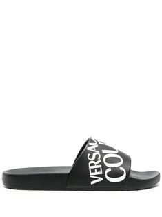 black/white logo-embossed strap round open toe open back single toe strap moulded branded footbed flat rubber sole slip-on style Men's Journal, Versace Logo, Versace Jeans Couture, Slides Shoes, Versace Jeans, Slide Slipper, Emboss, Open Back, Open Toe