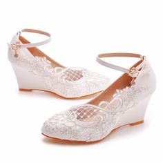 Details: Style: Elegant Embellishment:?Lace Heels Type: Wedge heels Heel height: 2.17inch Closure Type: Buckle Strap Toe: Round Toe Upper Material: PU Sole Material:?Rubber Lining Material: Leather Spring Wedding Wedge Heels, Elegant White Low Heel Wedge Sandals, Platform Wedge Sandals With Round Toe For Wedding, Spring Wedding Wedge Sandals With Round Toe, White Wedge Heel Heels For Wedding, White Wedge Heel Sandals For Wedding, White Wedge Sandals For Wedding, Elegant Ankle Strap Wedge Sandals For Wedding, White Low Heel Lace Wedding Shoes