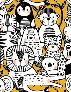 an animal themed wallpaper with black, white and yellow colors is featured in this image