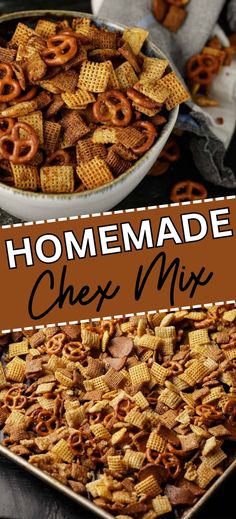 Collage of dish full of homemade Chex mix at top and bottom.