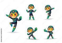 a set of cartoon character in various poses, including the green and yellow colors on their body