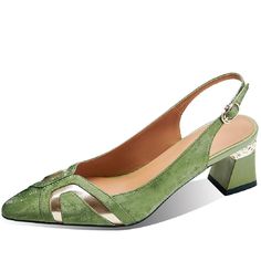 TSS58 Leather Heels Pumps Sandals - Women's Casual Shoes - Touchy Style Green Pointed Toe Sandals For Party, Green Pointed Toe Party Sandals, Summer Court Shoes With Heel Strap And Round Toe, Green Slingback Sandals With Heel Strap For Spring, Summer Round Toe Court Shoes With Heel Strap, Summer Green Slingback Pumps With Heel Strap, Green Flat Heel Slingback Sandals For Summer, Green Round Toe Slingback Sandals For Summer, Green Closed Toe Slingback Pumps For Summer