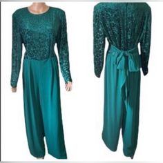 Donna Morgan Jumpsuit Emerald Green Women’s Embellished Beaded. Brand New With Tag. Missing Some Beaded. Sequined, Zip-Down, Lined. Beautiful Jumpsuit With Long Sleeve Lace & Beaded Bodice And Pants Are Chiffon Like Material. Fully Lined. Concealed Long Back Zipper Closure. Self Back Belt To Ribbon Or Tie. Padded Shoulders. Measurements (Approximate While Lying Flat - See Attached Photos). Please Double Check The Measurements As There Are No Returns. No Holds. Smoke Free Home. See All Pictures. Elegant Embellished Jumpsuits And Rompers For Spring, Formal Fitted Sequin Pantsuit, Formal Sequined Long Sleeve Pantsuit, Formal Long Sleeve Sequin Pantsuit, Fitted Sequined Pantsuit With Long Sleeves, Fitted Long Sleeve Sequin Pantsuit, Elegant Festive Evening Jumpsuits And Rompers, Evening Sequin Long Sleeve Pantsuit, Evening Long Sleeve Sequin Pantsuit