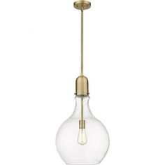 an image of a light fixture with a glass ball hanging from the ceiling and gold metal fittings