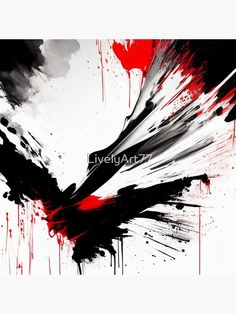 an abstract painting with black and red paint splattered on the bottom half of it