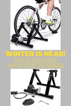 a woman riding a bike on top of a stationary bicycle trainer with the words winter is near above it