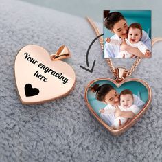 Introducing our exquisite Personalised Photo Memorial Necklace, a heartfelt piece that captures your most cherished memories. Crafted from sterling silver and elegantly plated in 9ct Rose Gold, this heart-shaped necklace is a beautiful symbol of love and remembrance. With this necklace, you have the power to create a truly unique and sentimental keepsake. On one side, you can engrave any cute message that holds special meaning to you. Whether it's a name, a date, or a heartfelt phrase, this necklace allows you to express your emotions in a personalised way. On the other side, we will carefully display your favourite photo, transforming it into a wearable work of art. To ensure the longevity of your precious memories, each photo is protected by a layer of our exclusive 'Charm glass'. This s Personalized Rose Gold Heart Pendant Jewelry, Rose Gold Heart Pendant Jewelry For Personalized Gift, Customizable Rose Gold Heart Necklace Gift, Rose Gold Necklace With Heart Charm For Personalized Gift, Customizable Heart-shaped Rose Gold Jewelry, Personalized Rose Gold Heart Pendant Necklace, Personalized Heart Shaped Rose Gold Necklace, Rose Gold Heart-shaped Keepsake Jewelry, Customizable Heart Necklaces For Anniversary